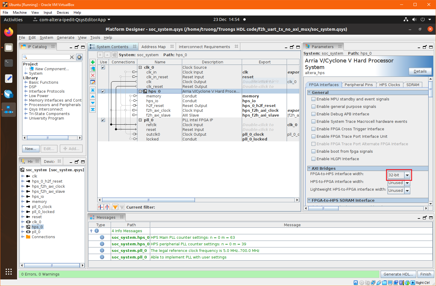 FPGA-to-HPS bridge settings in Platform Designer